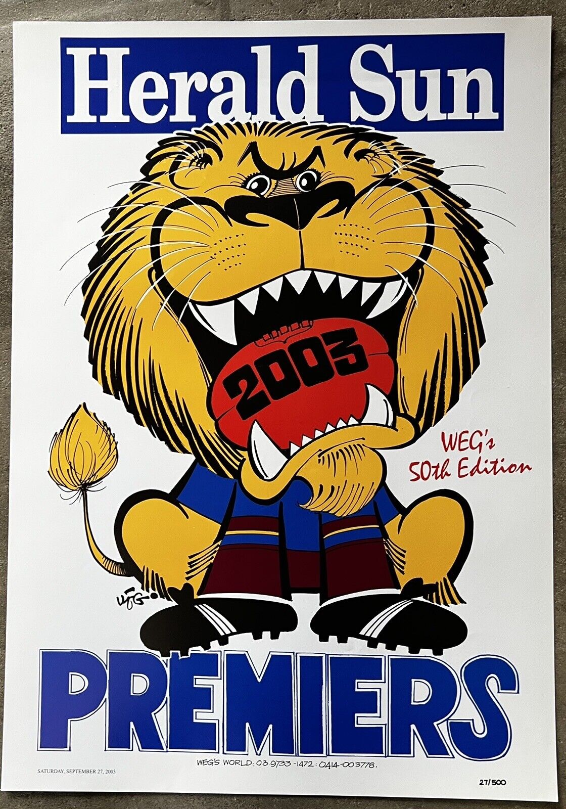 2003 Brisbane Lions Limited Edition WEG AFL Premiers Poster