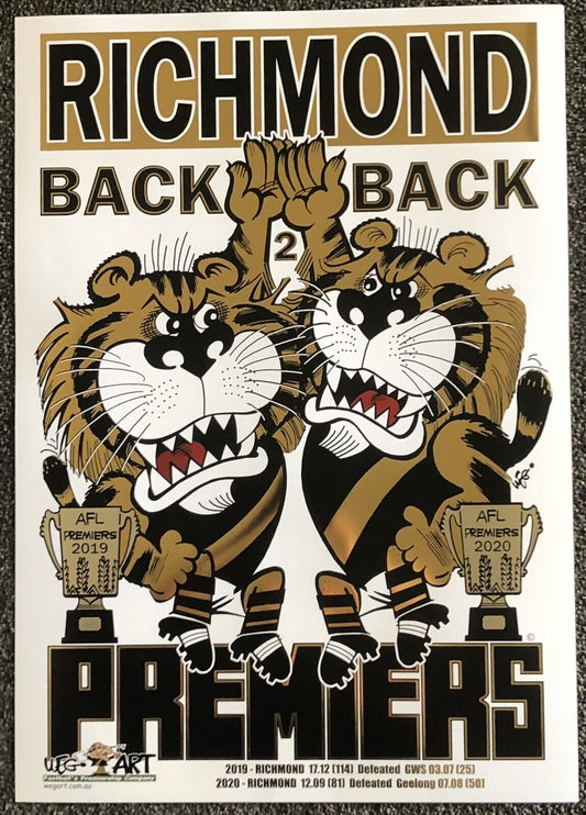 Richmond Tigers 2020 Weg Art WEG Back 2 Back Foil Poster PLUS 2 Bonus Posters!!!