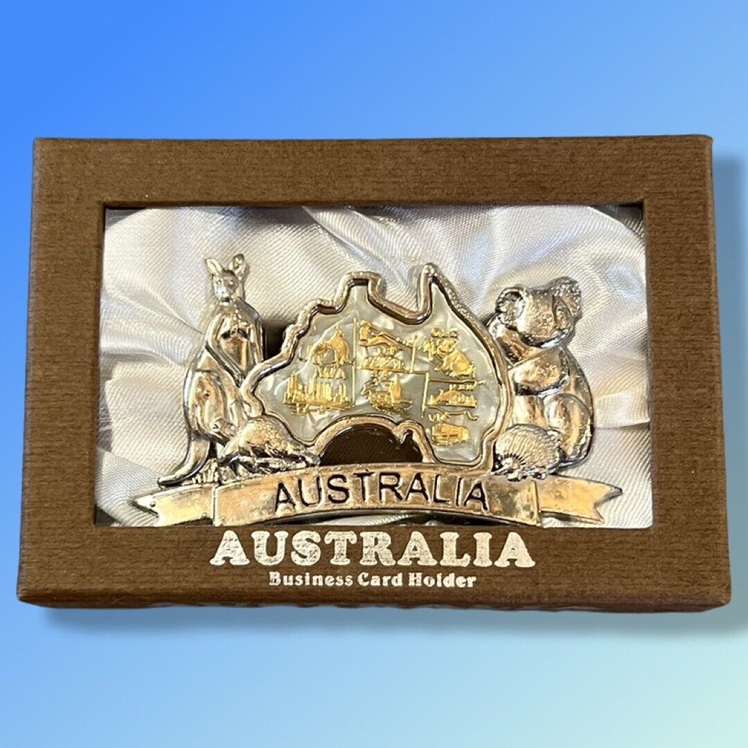 Australia Map Kangaroo Koala Business Card Holder in a Satin Lined Gift Box