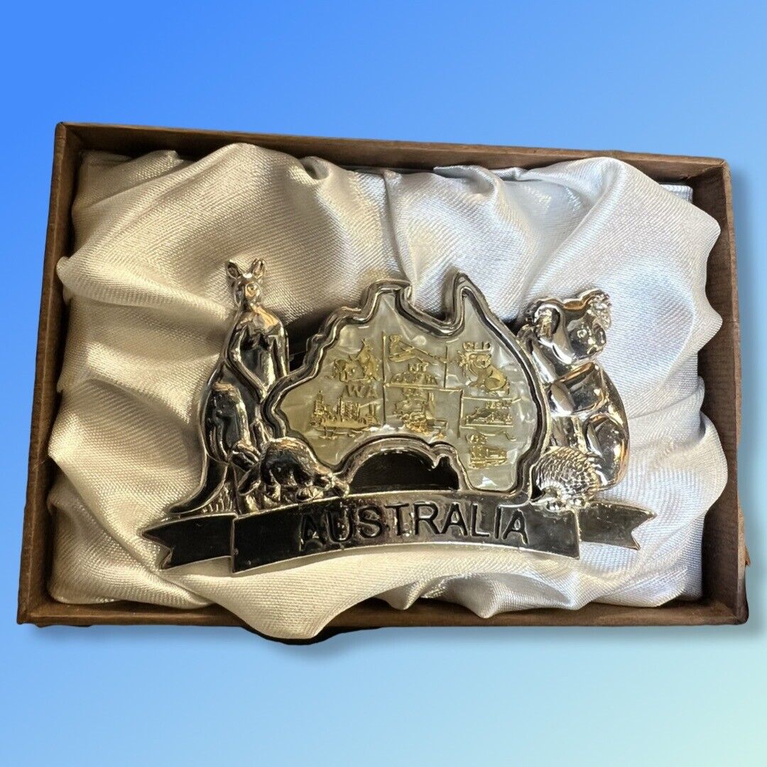 Australia Map Kangaroo Koala Business Card Holder in a Satin Lined Gift Box