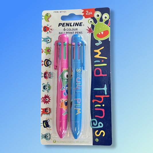 2 Pack Penline “Wild Things” 6 Colour Ballpoint Pens (Pink & Blue)