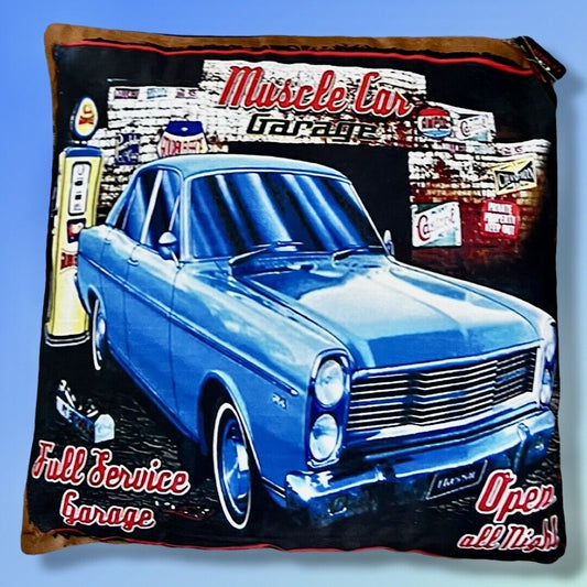 Australian Man Cave CUSHION Mancave Shed 40x40cm - Muscle Car Garage