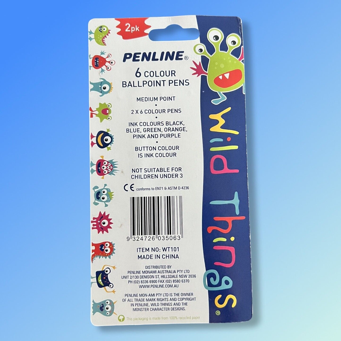 2 Pack Penline “Wild Things” 6 Colour Ballpoint Pens (Green & Purple)