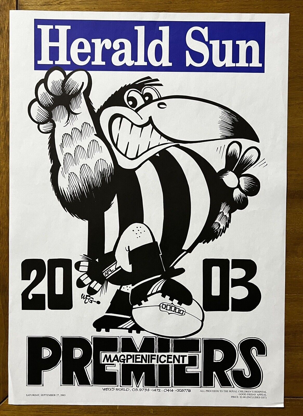 2003 Collingwood Magpies WEG Losing Premiership Poster 100% Original - RARE