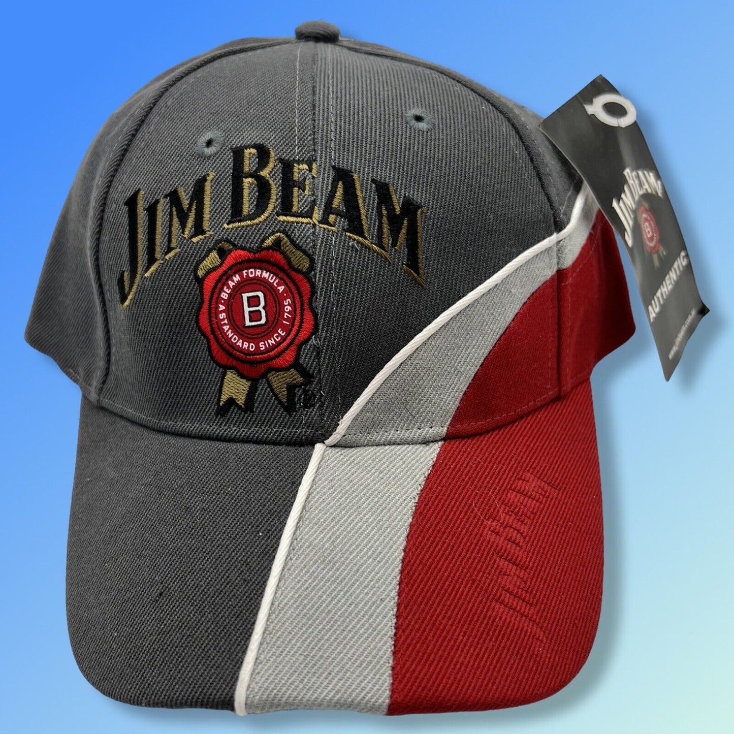 Jim Beam Seal Logo Mens Grey & Red Embroidered Adjustable Cap