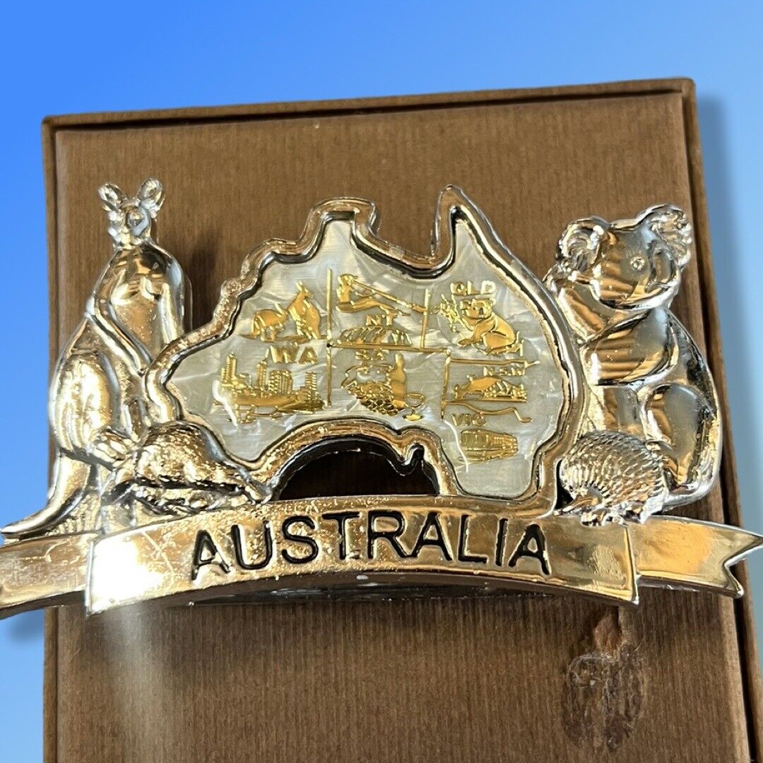 Australia Map Kangaroo Koala Business Card Holder in a Satin Lined Gift Box