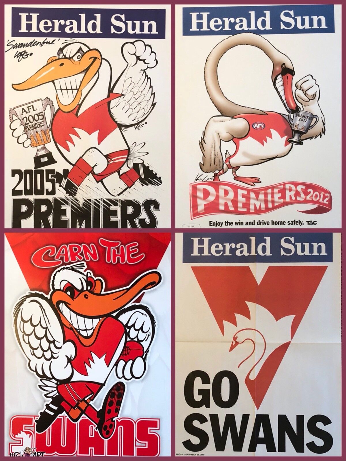 Sydney Swans WEG / Knight Premiers Poster 2005 Swanderful, 2012 & 2 X Supporters