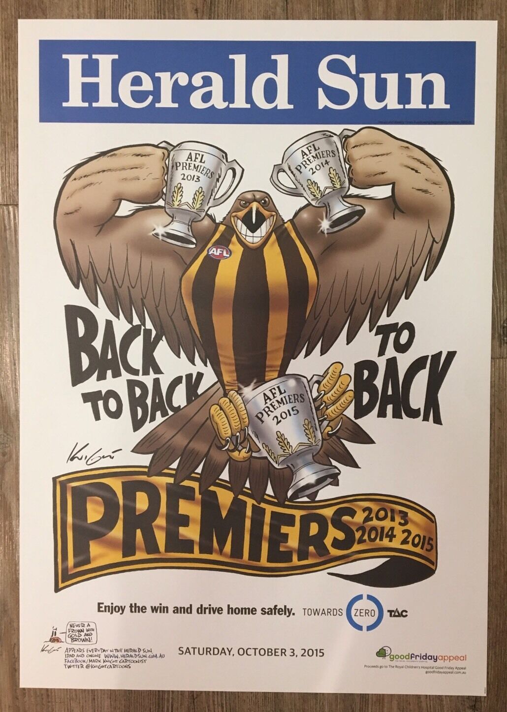 2015 Hawthorn Hawks Premiership Poster Knight / WEG 100% Original