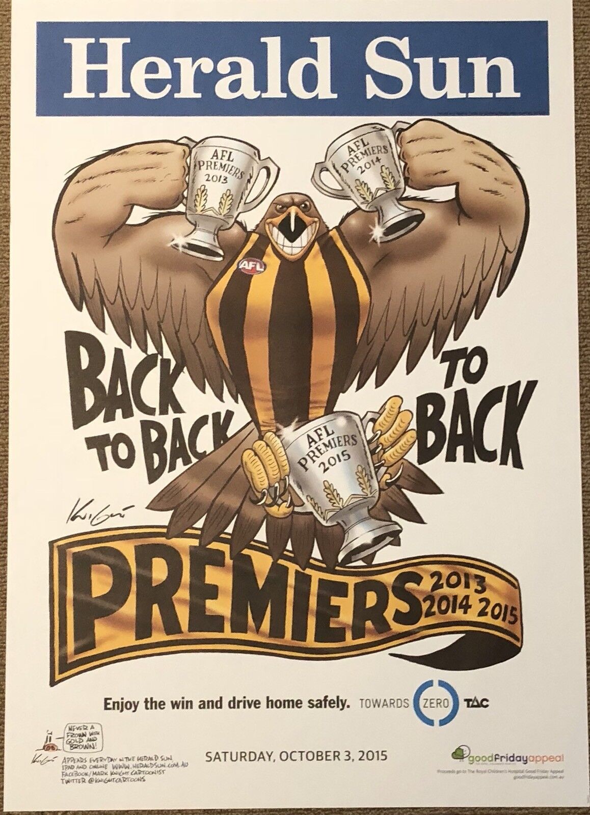 Hawthorn Hawks WEG Knight '08 x2, ‘13, '14 & '15 Premiers Posters, & Supporters