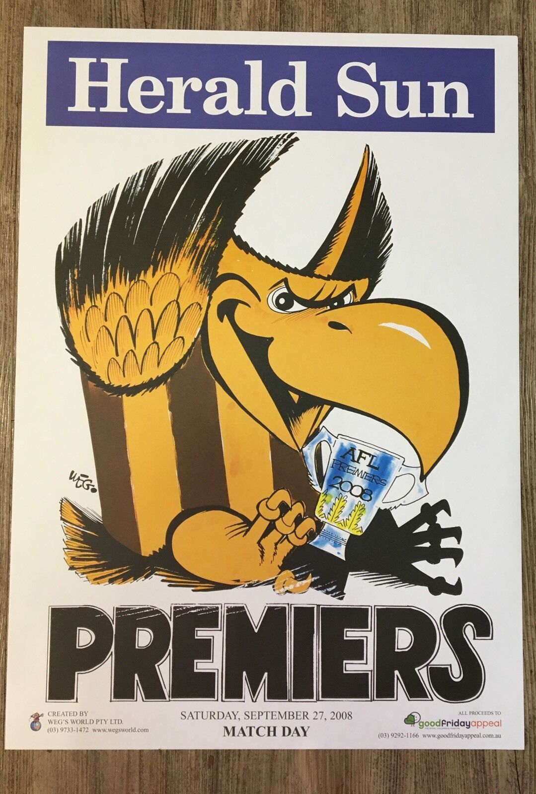 2008 Hawthorn Hawks Premiers Poster Original WEG. MATCH DAY POSTER RARE!