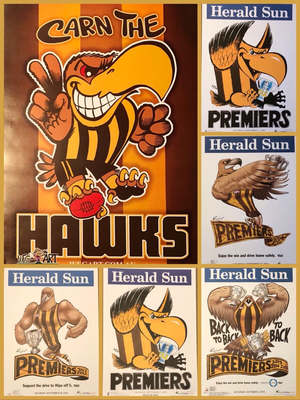 Hawthorn Hawks WEG Knight '08 x2, ‘13, '14 & '15 Premiers Posters, & Supporters