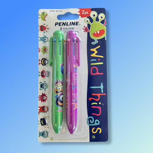 2 Pack Penline “Wild Things” 6 Colour Ballpoint Pens (Green & Purple)